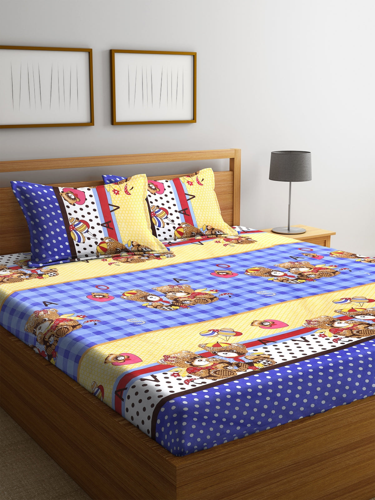 144 TC Blue & Yellow Double Bedsheet with 2 Pillow Covers