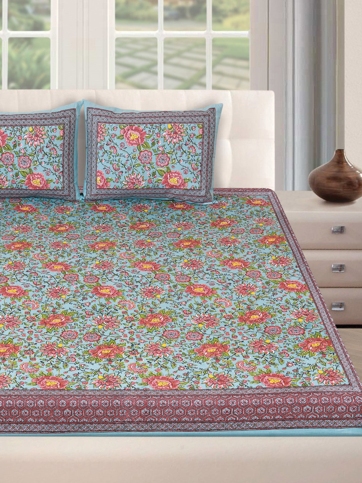 180 TC Teal Green & Rust Double Bedsheet with 2 Pillow Covers