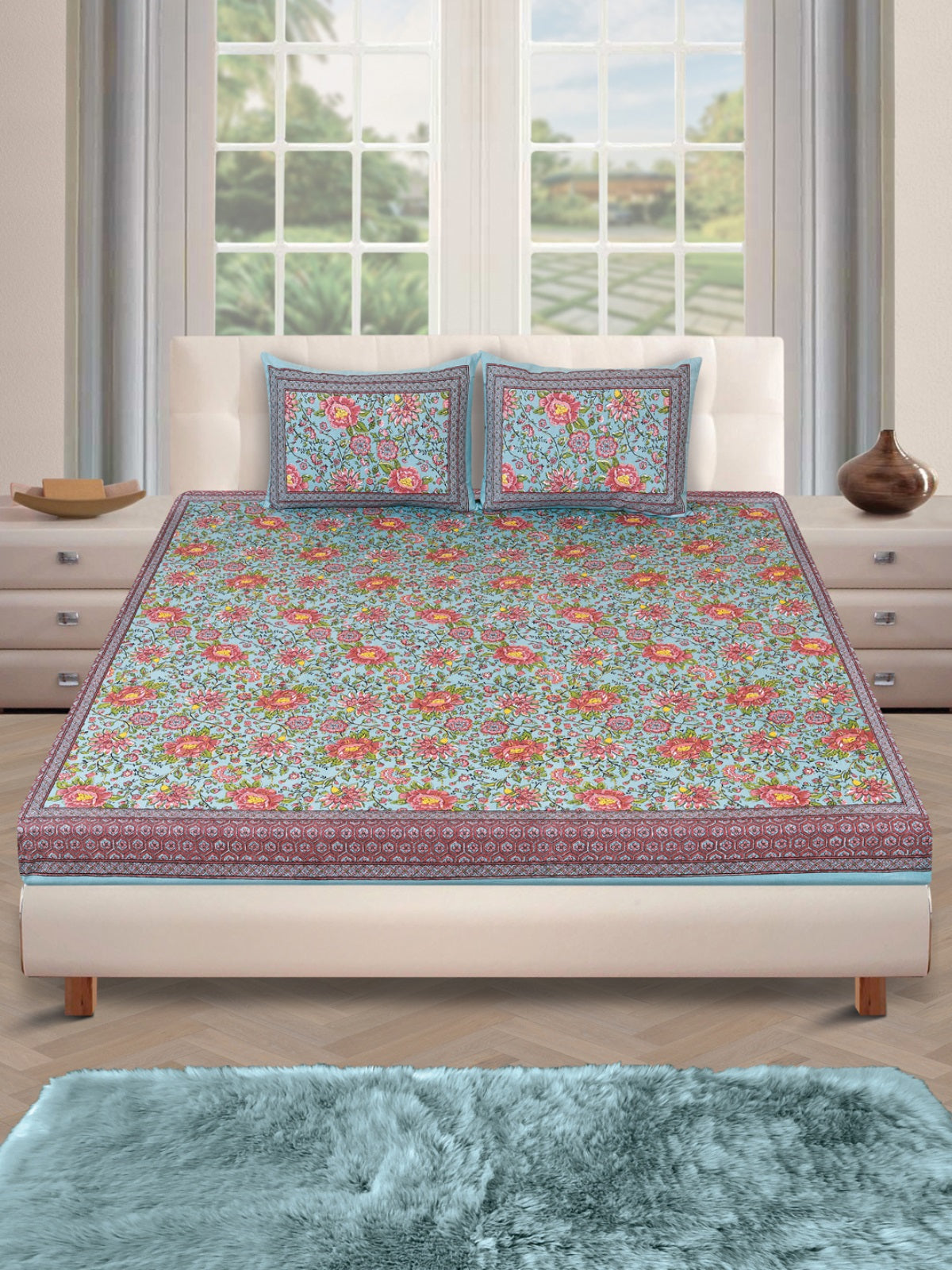 180 TC Teal Green & Rust Double Bedsheet with 2 Pillow Covers