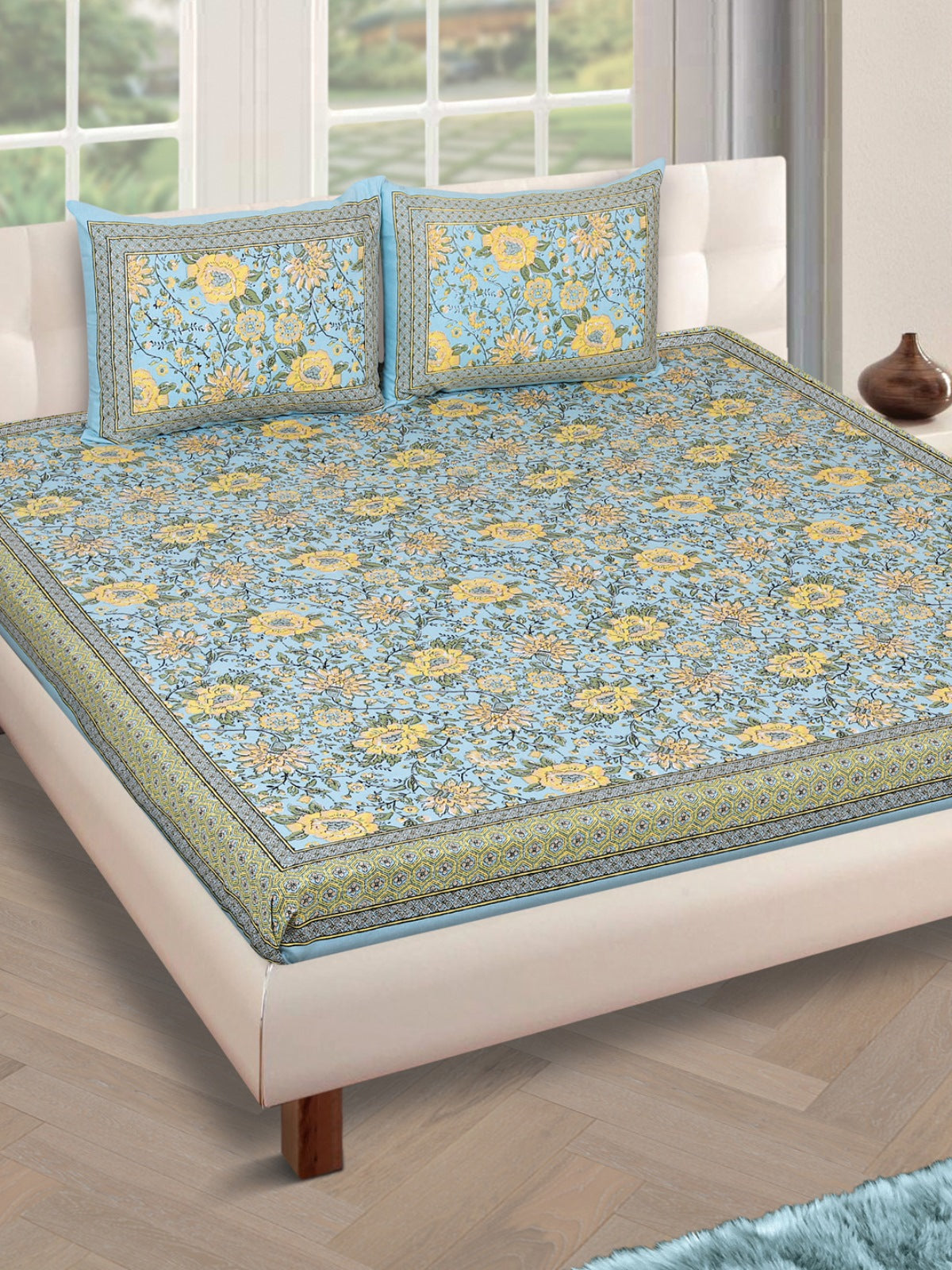 180 TC Sky Blue & Beige Double Bedsheet with 2 Pillow Covers