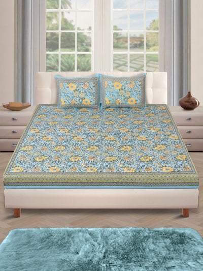 180 TC Sky Blue & Beige Double Bedsheet with 2 Pillow Covers