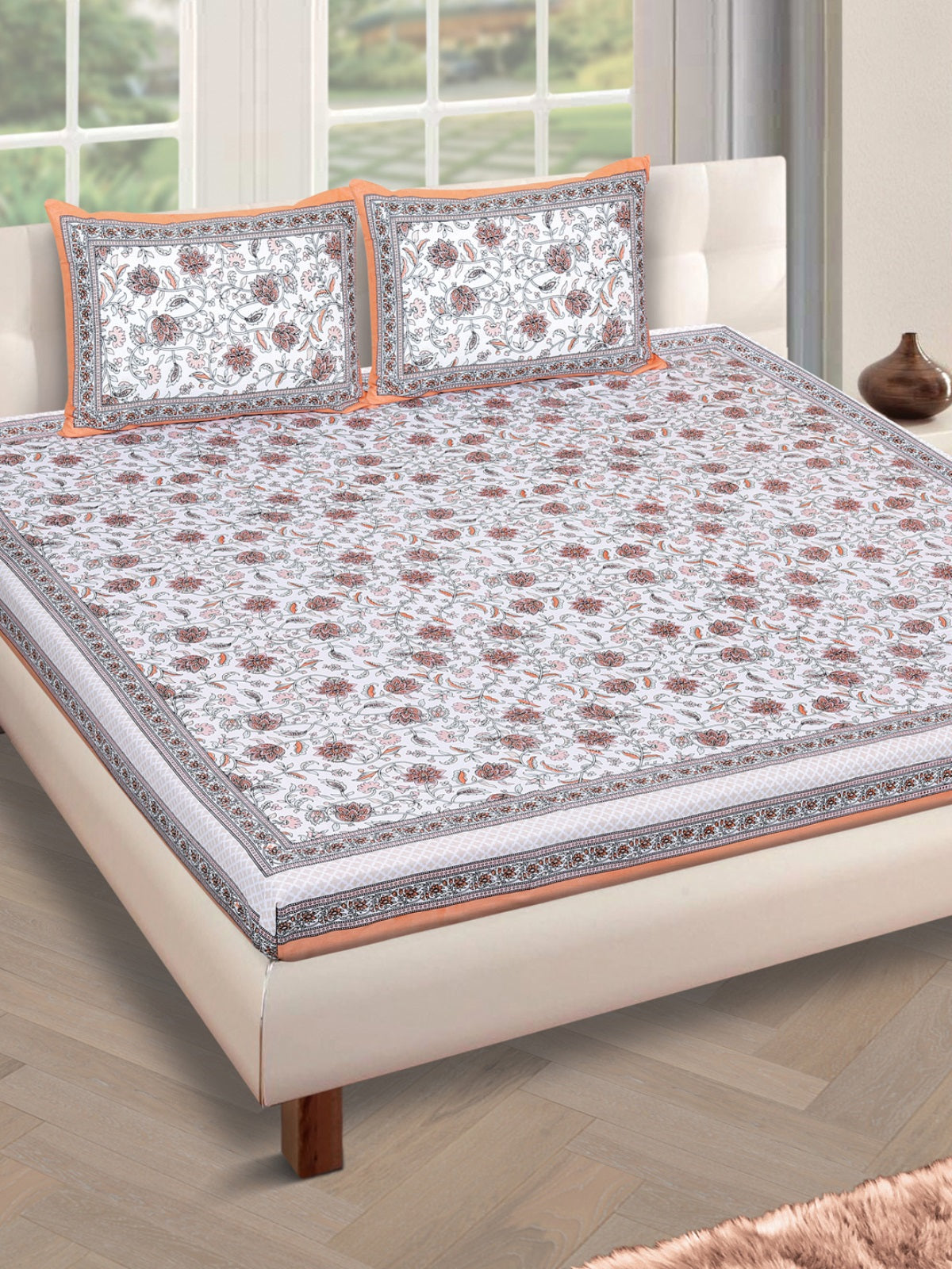 180 TC Off White & Pink Double Bedsheet with 2 Pillow Covers
