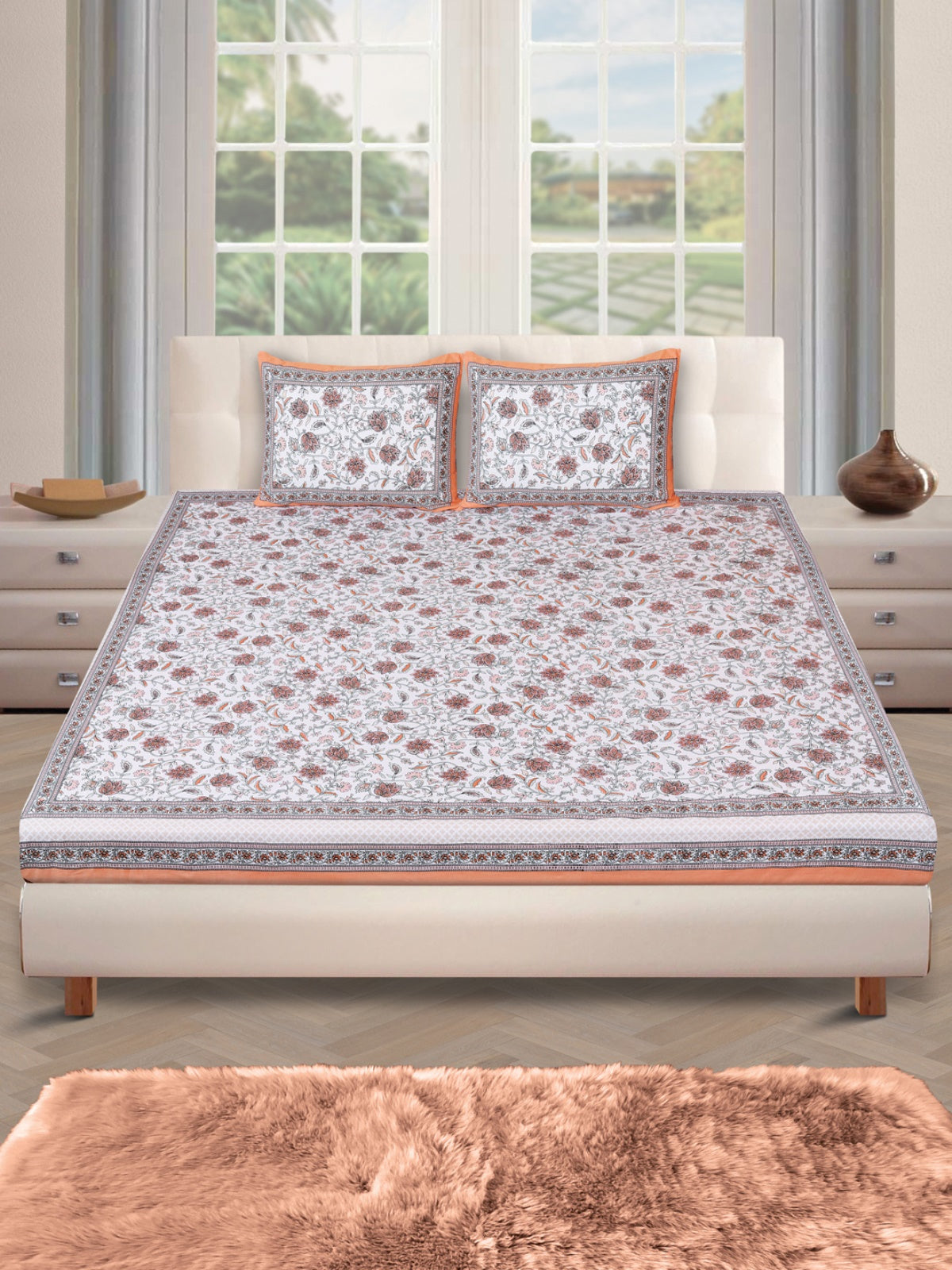 180 TC Off White & Pink Double Bedsheet with 2 Pillow Covers