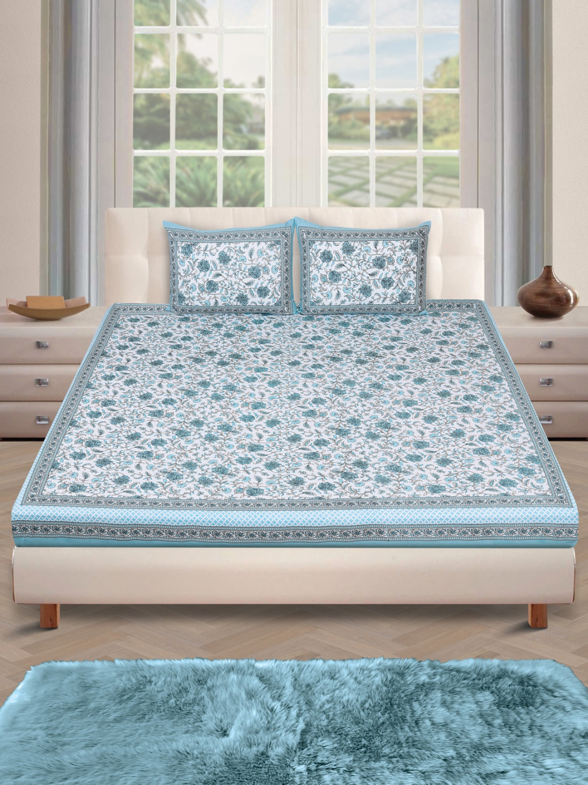 180 TC Off White & Turquoise Double Bedsheet with 2 Pillow Covers