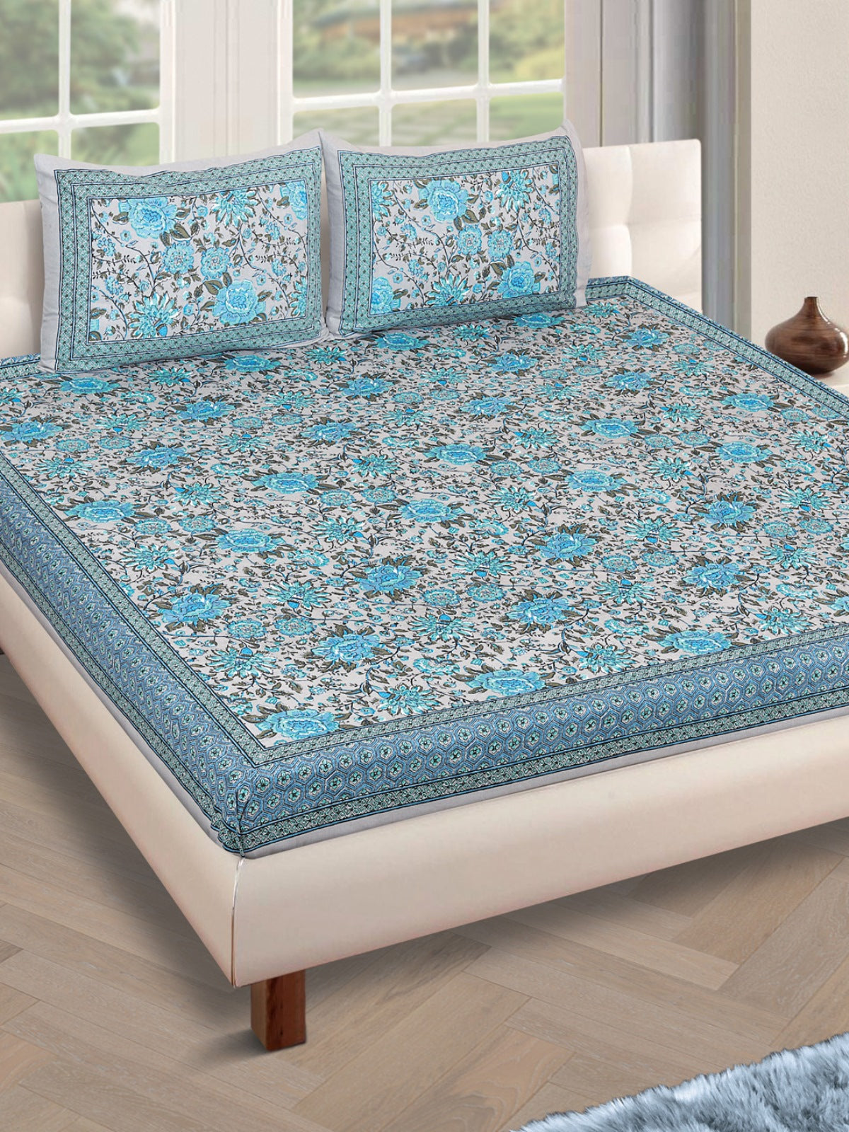 180 TC Grey & Turquoise Double Bedsheet with 2 Pillow Covers