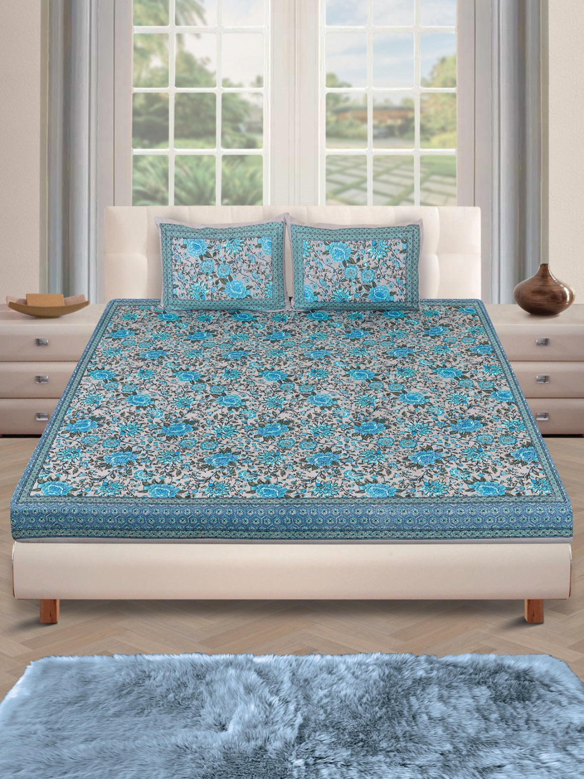 180 TC Grey & Turquoise Double Bedsheet with 2 Pillow Covers