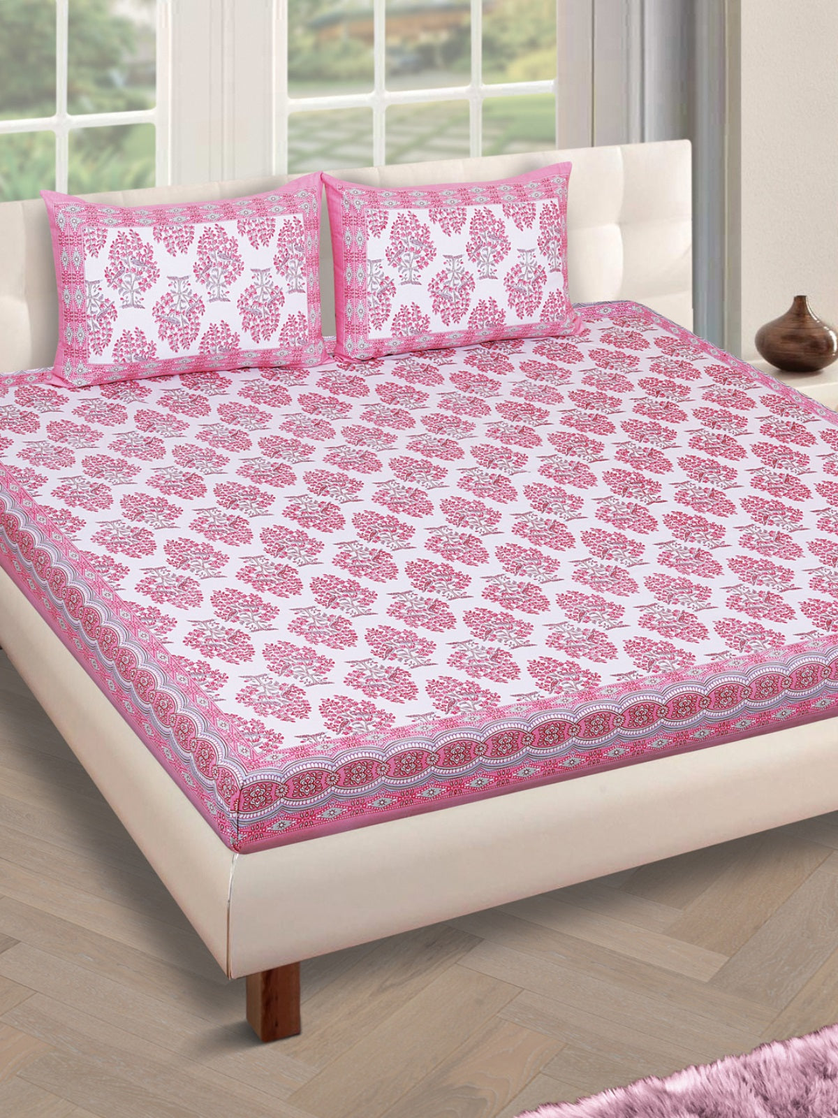 180 TC White & Pink Double Bedsheet with 2 Pillow Covers