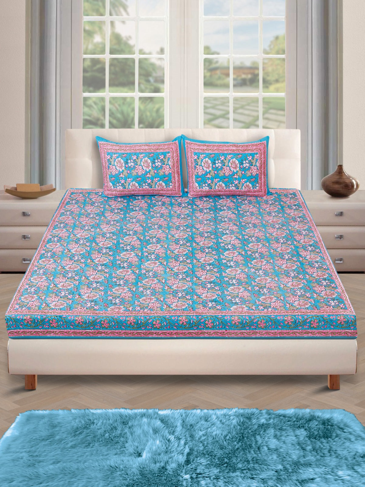 180 TC Blue & Pink Double Bedsheet with 2 Pillow Covers