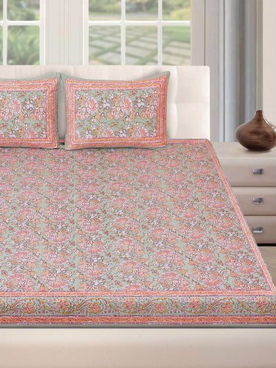 180 TC Green & Peach Double Bedsheet with 2 Pillow Covers