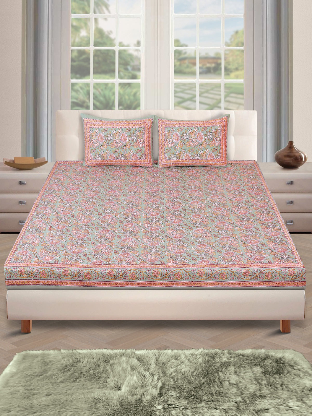 180 TC Green & Peach Double Bedsheet with 2 Pillow Covers
