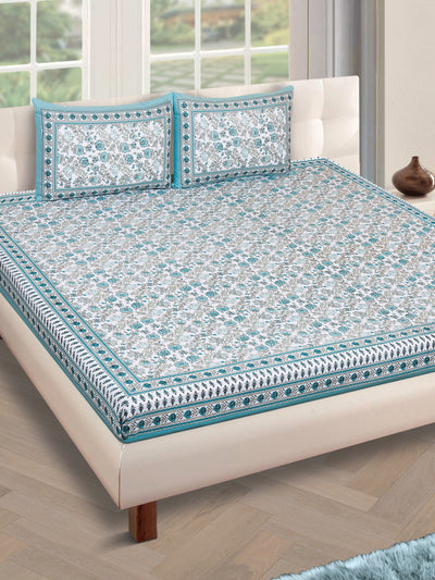 180 TC White & Turquoise Double Bedsheet with 2 Pillow Covers