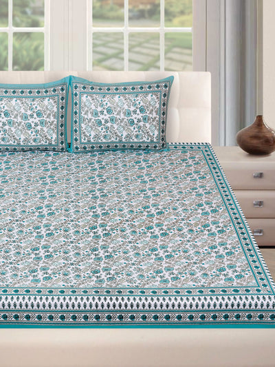 180 TC White & Turquoise Double Bedsheet with 2 Pillow Covers