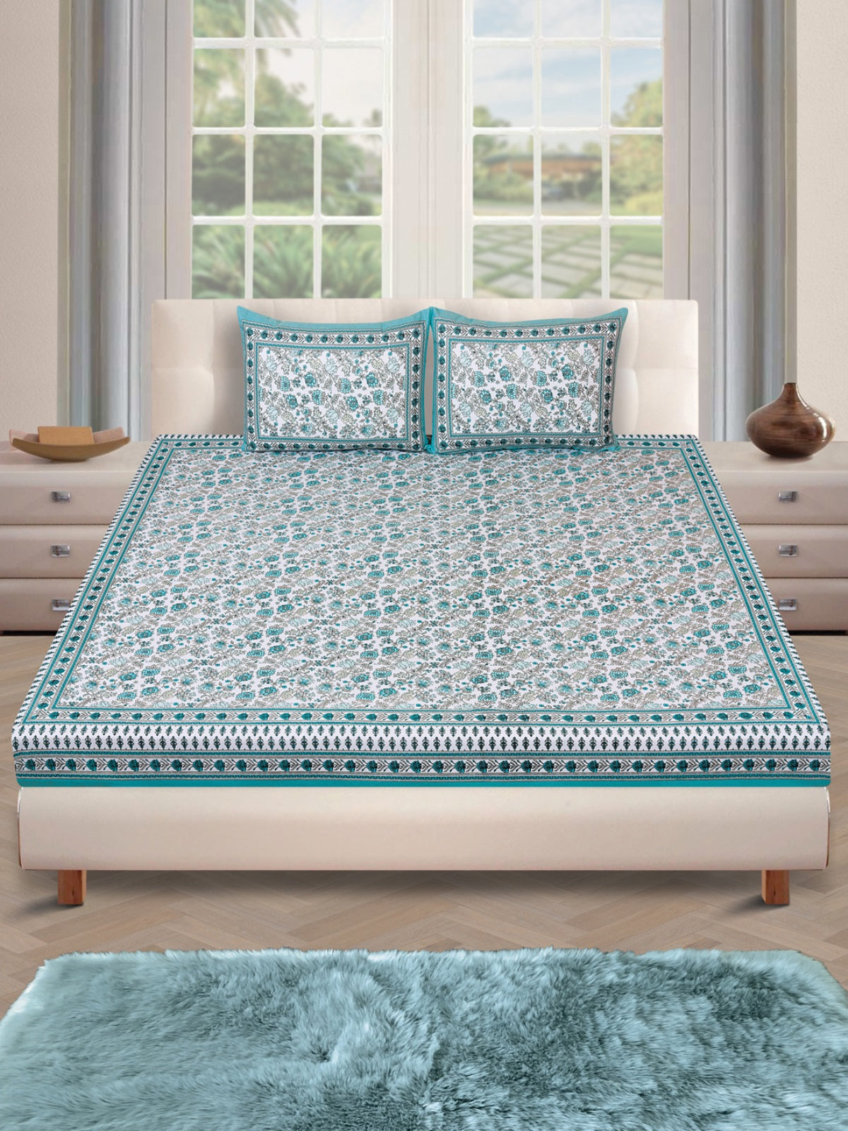 180 TC White & Turquoise Double Bedsheet with 2 Pillow Covers