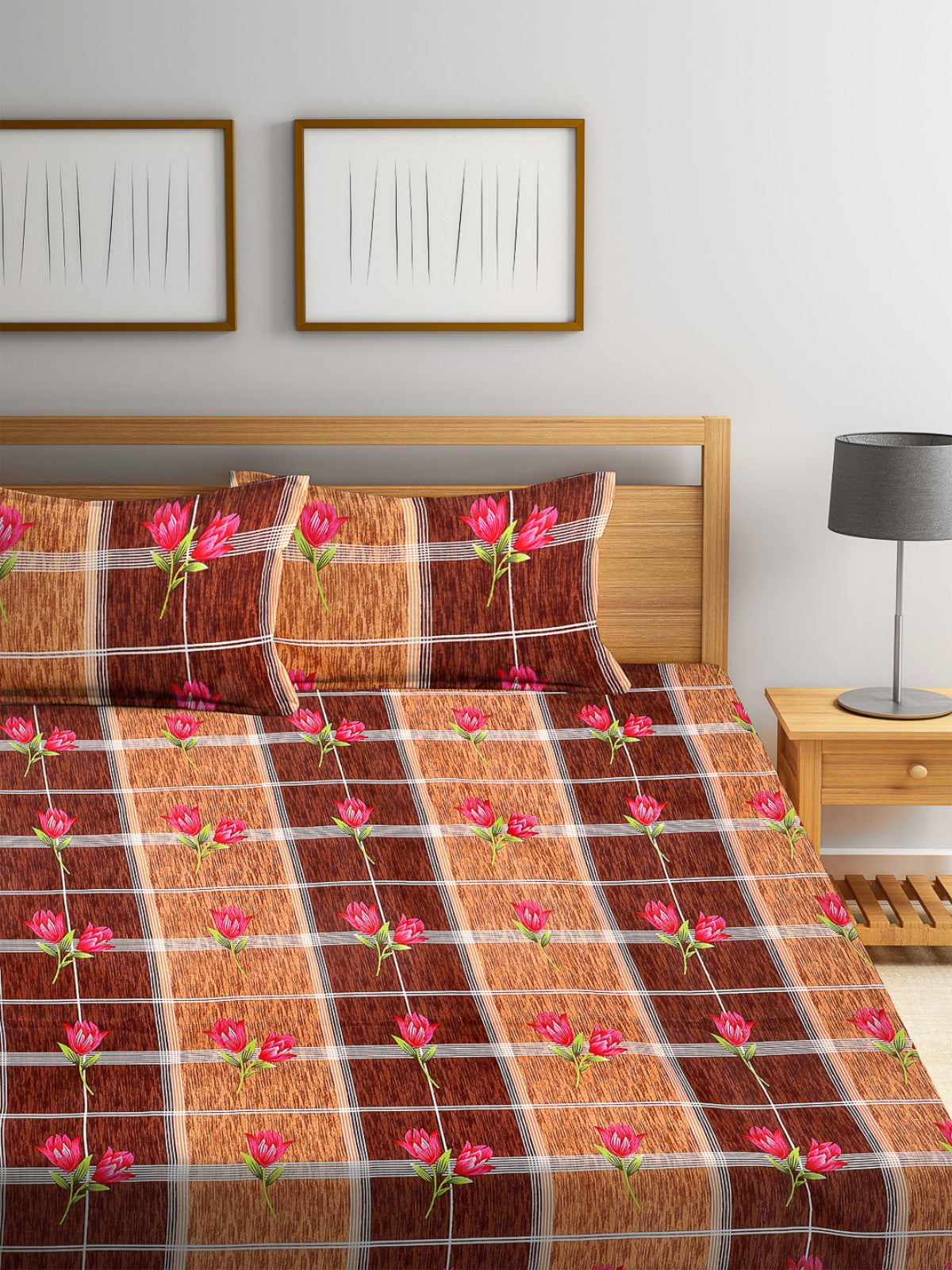 144 TC Brown & Beige Double Bedsheet with 2 Pillow Covers