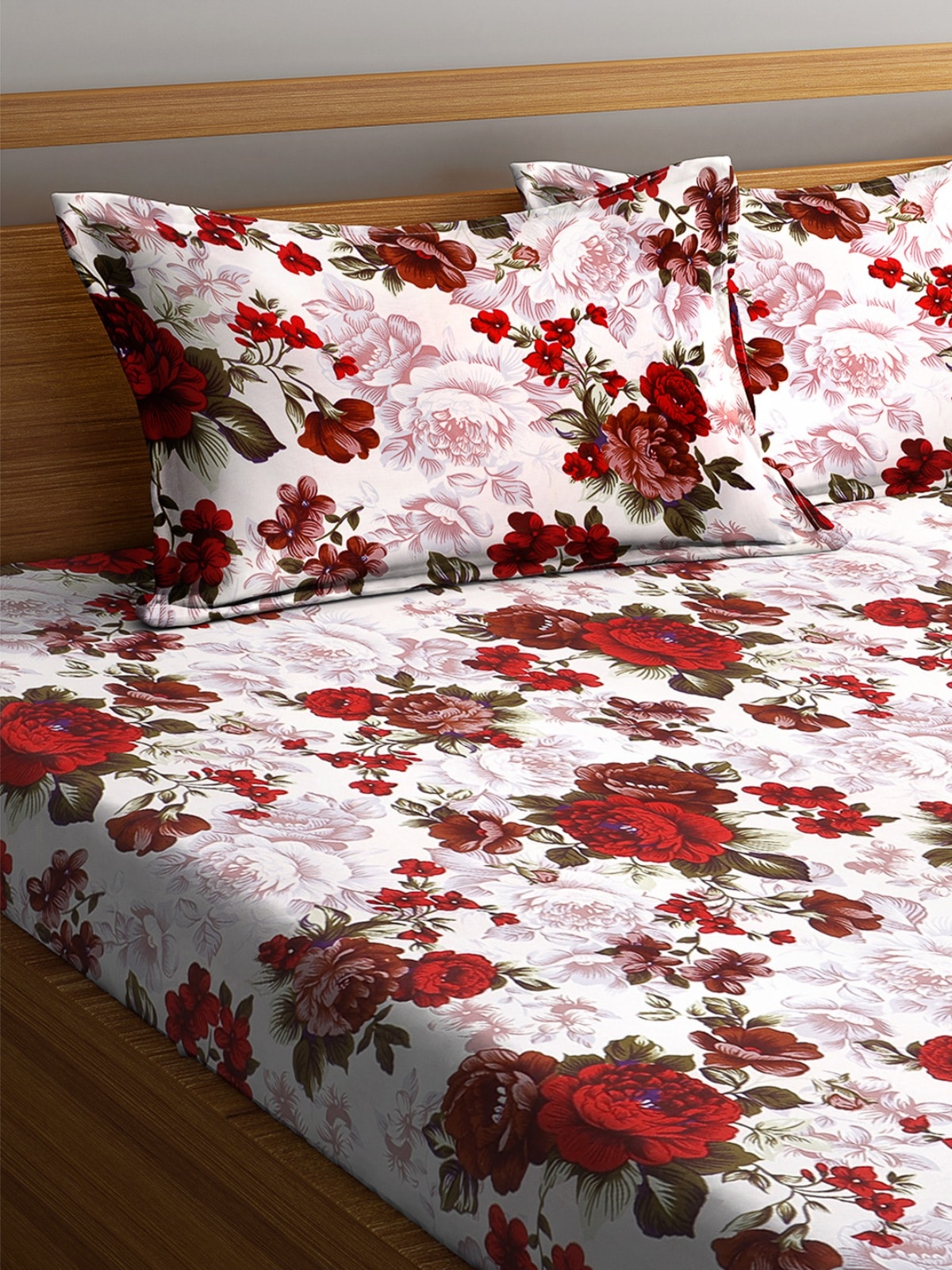 144 TC White & Maroon Double Bedsheet with 2 Pillow Covers