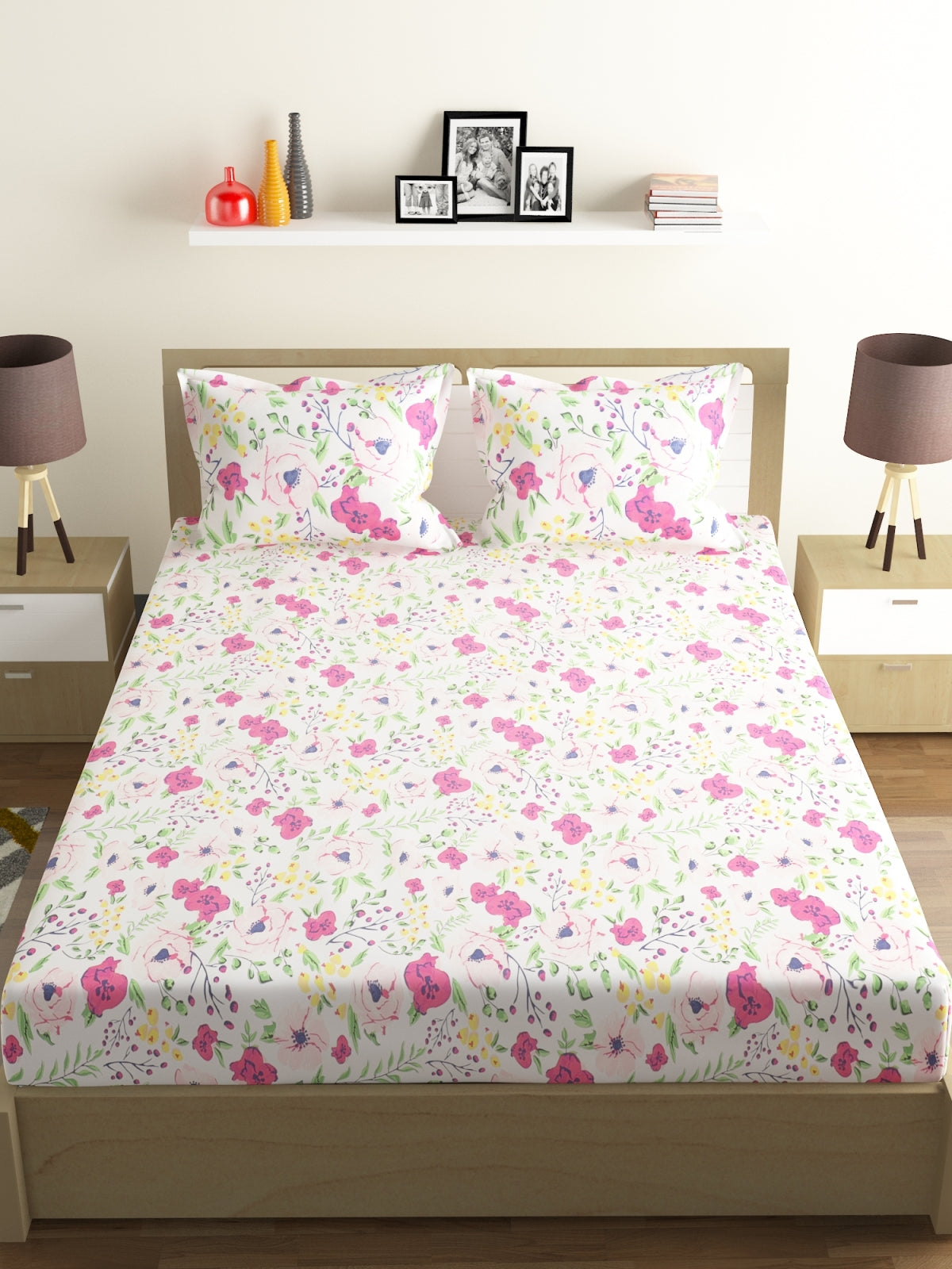 144 TC White & Pink, Green Double Bedsheet with 2 Pillow Covers