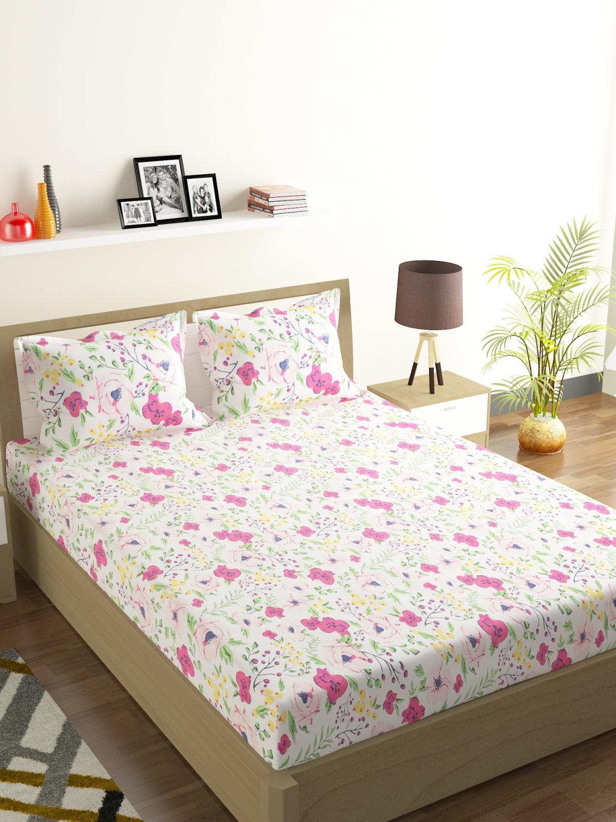 144 TC White & Pink, Green Double Bedsheet with 2 Pillow Covers