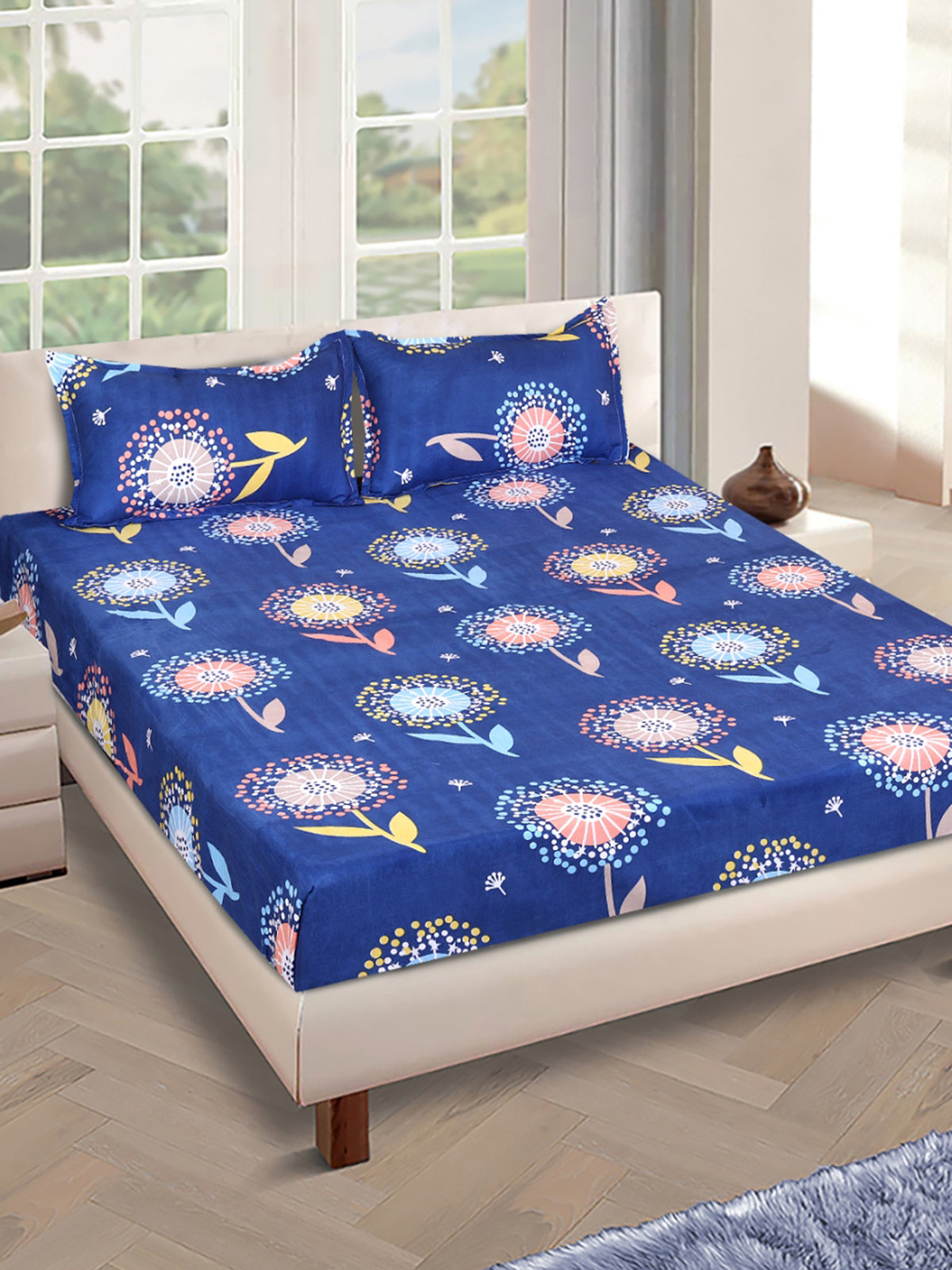 144 TC Teal Double Bedsheet with 2 Pillow Covers