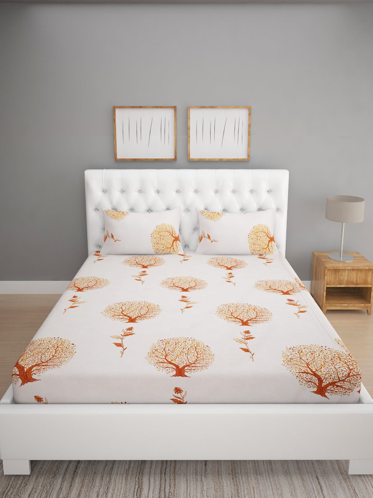 144 TC Off White & Orange Double Bedsheet with 2 Pillow Covers