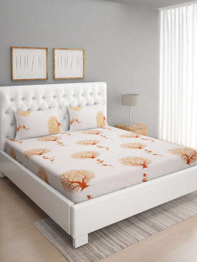 144 TC Off White & Orange Double Bedsheet with 2 Pillow Covers