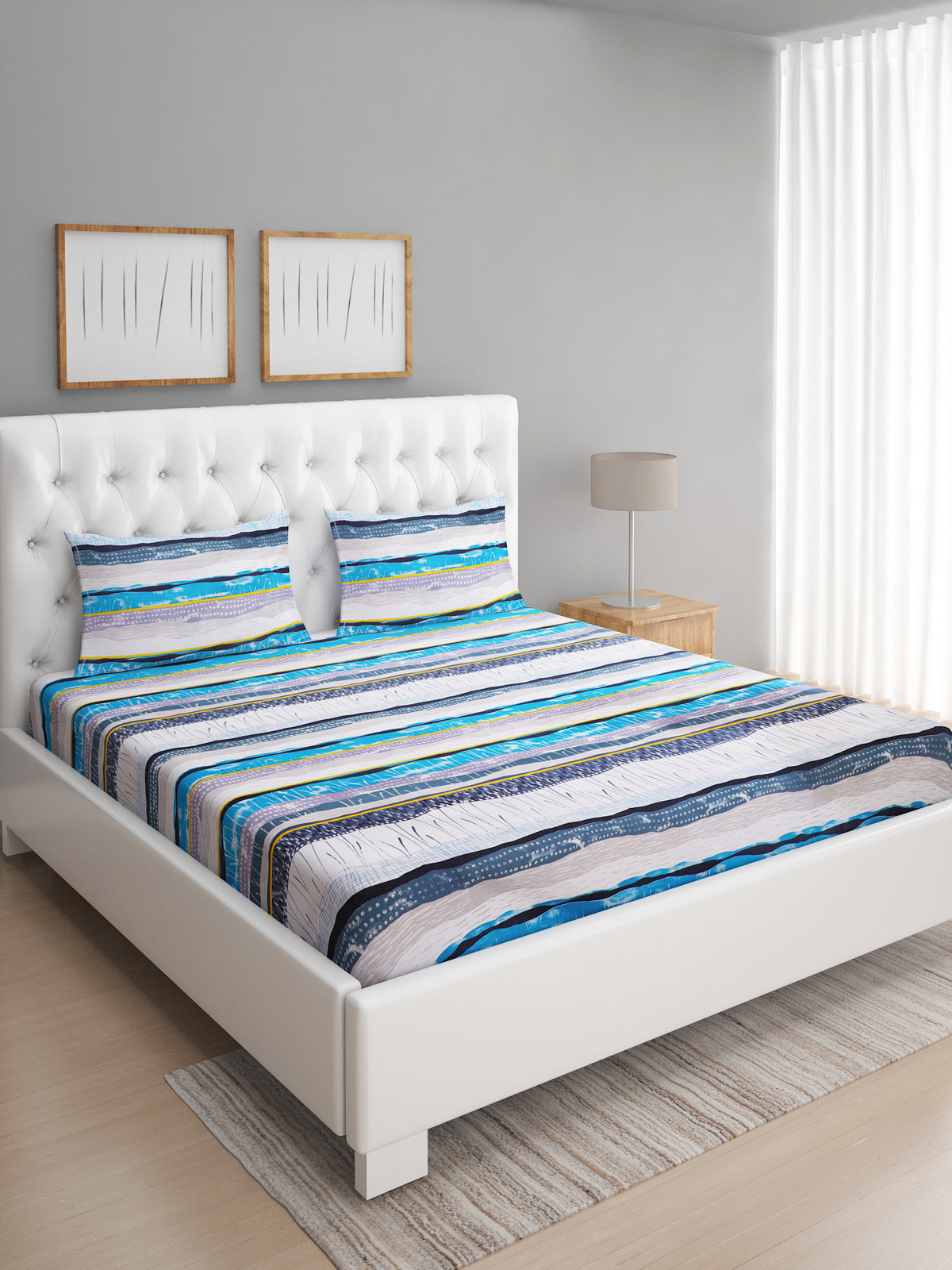 144 TC Blue & Off White Double Bedsheet with 2 Pillow Covers