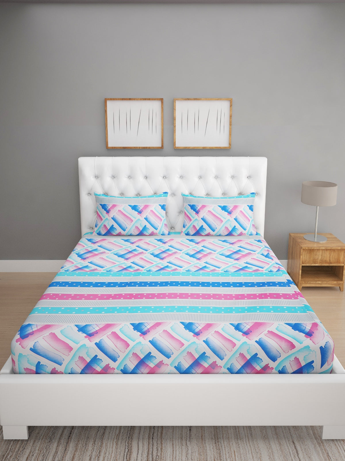 144 TC Blue & Pink Double Bedsheet with 2 Pillow Covers