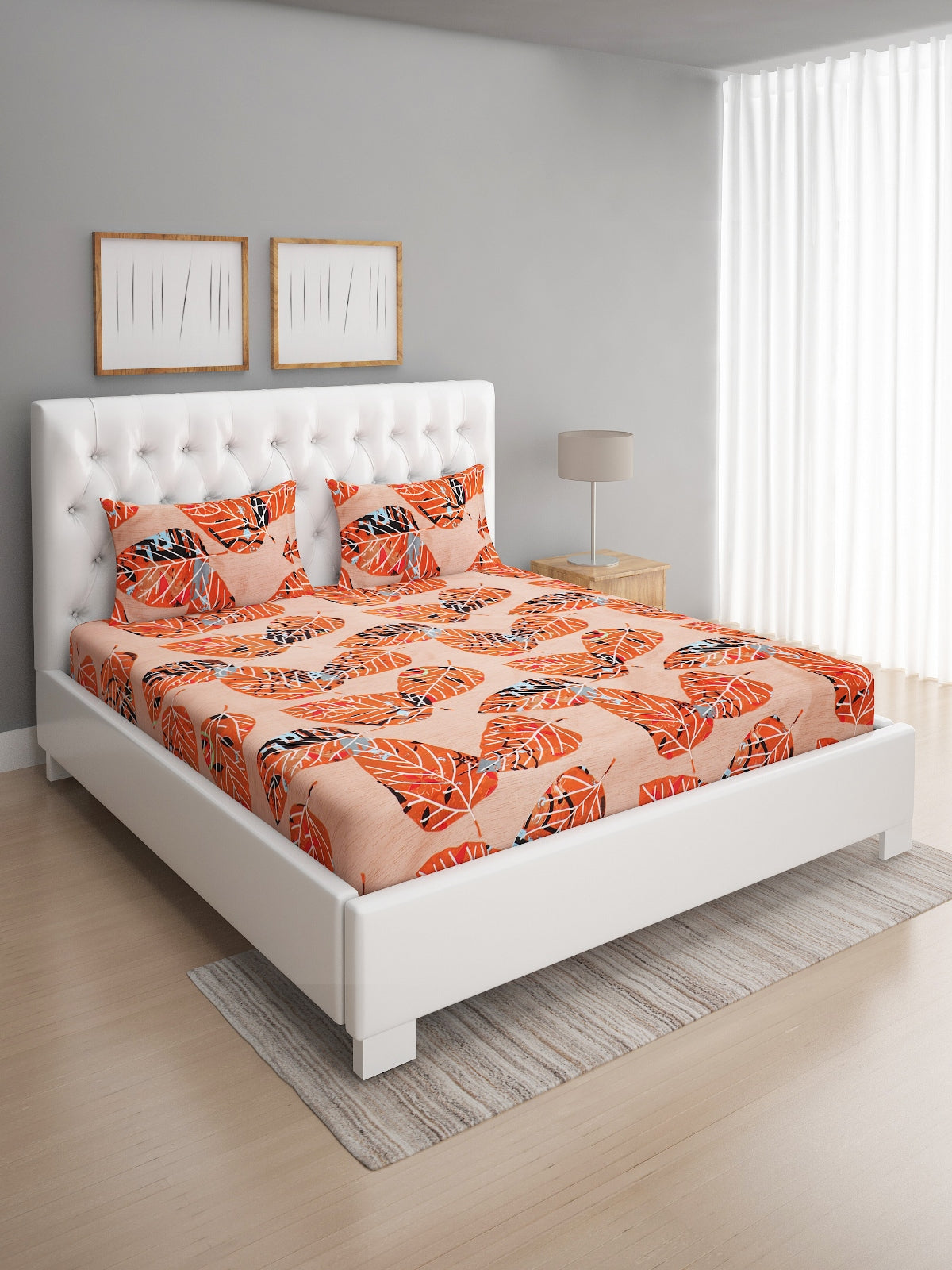 144 TC Brown & Orange Double Bedsheet with 2 Pillow Covers