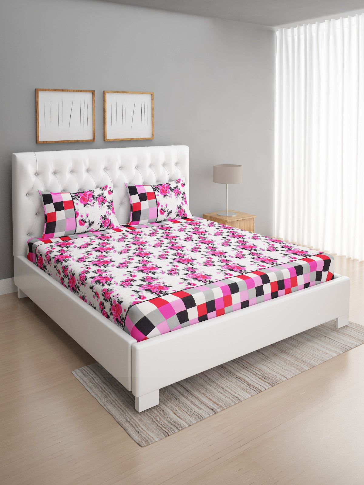 144 TC White & Pink Double Bedsheet with 2 Pillow Covers