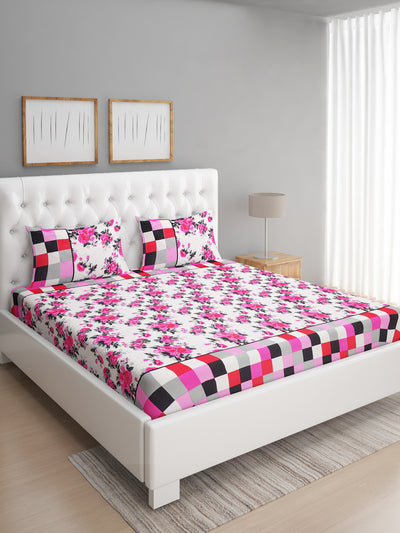 144 TC White & Pink Double Bedsheet with 2 Pillow Covers