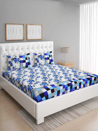 144 TC White & Blue Double Bedsheet with 2 Pillow Covers