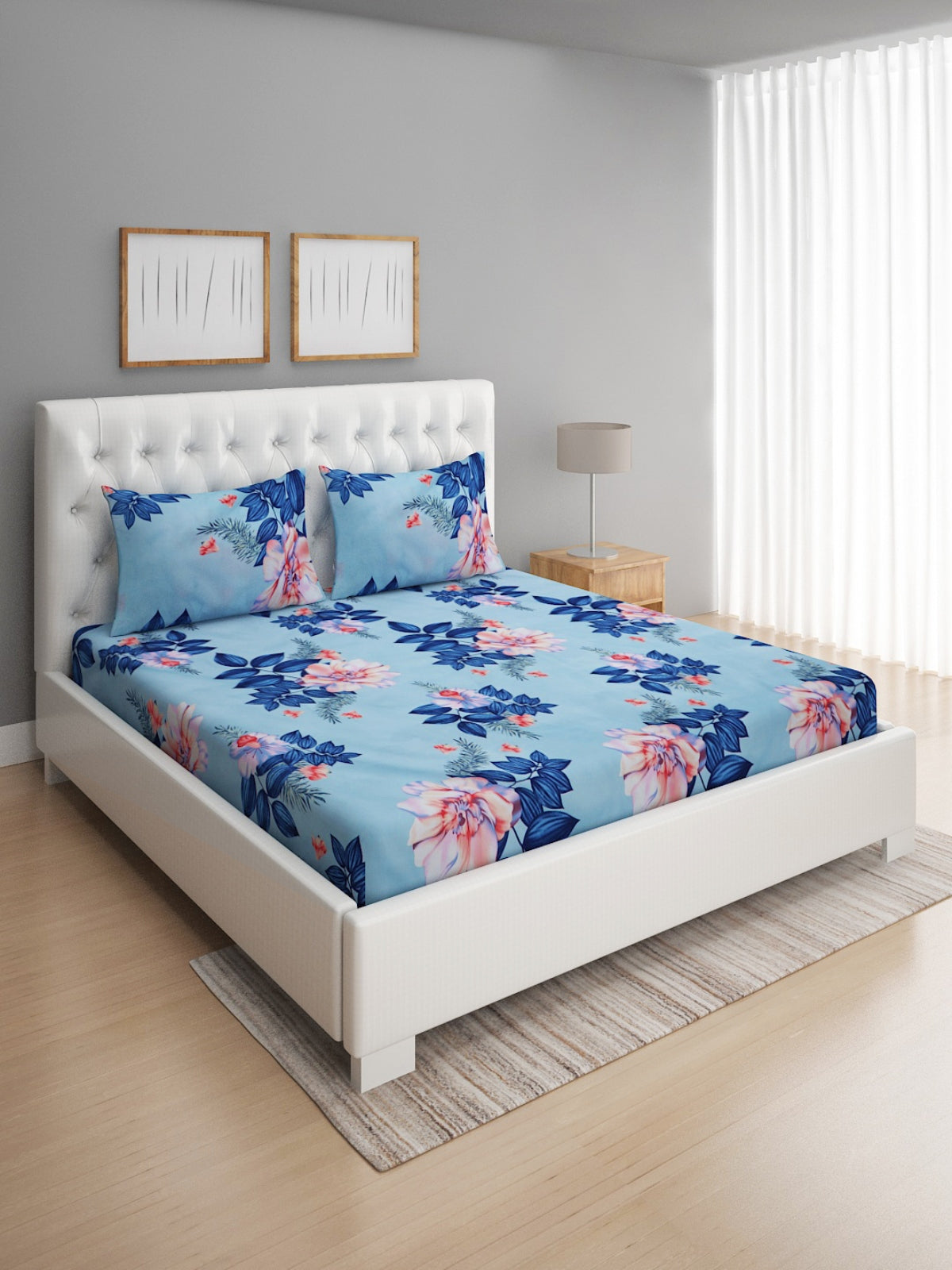 144 TC Blue Double Bedsheet with 2 Pillow Covers