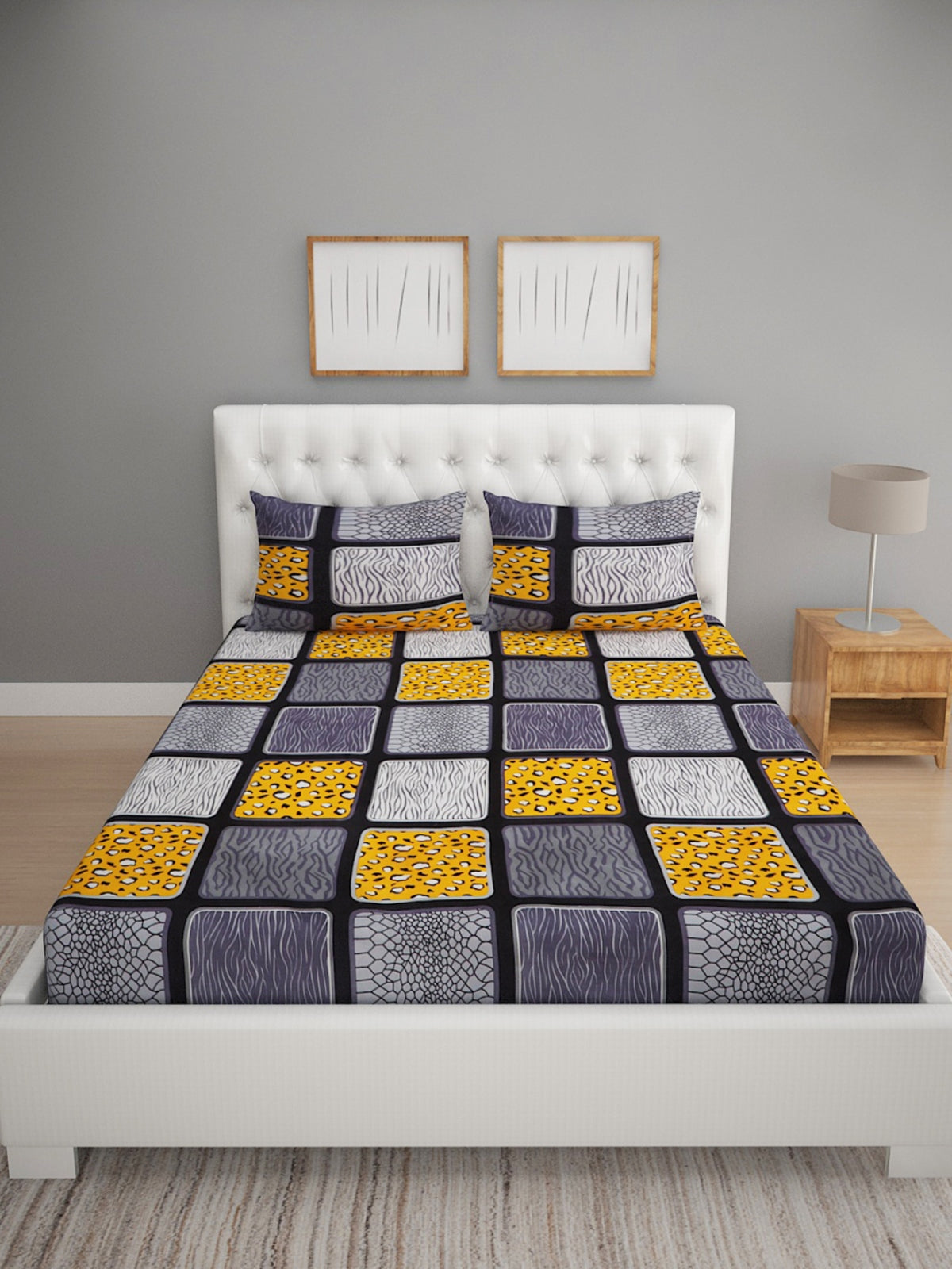 144 TC Grey & Gold Double Bedsheet with 2 Pillow Covers