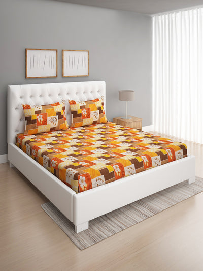144 TC Beige & Orange Double Bedsheet with 2 Pillow Covers