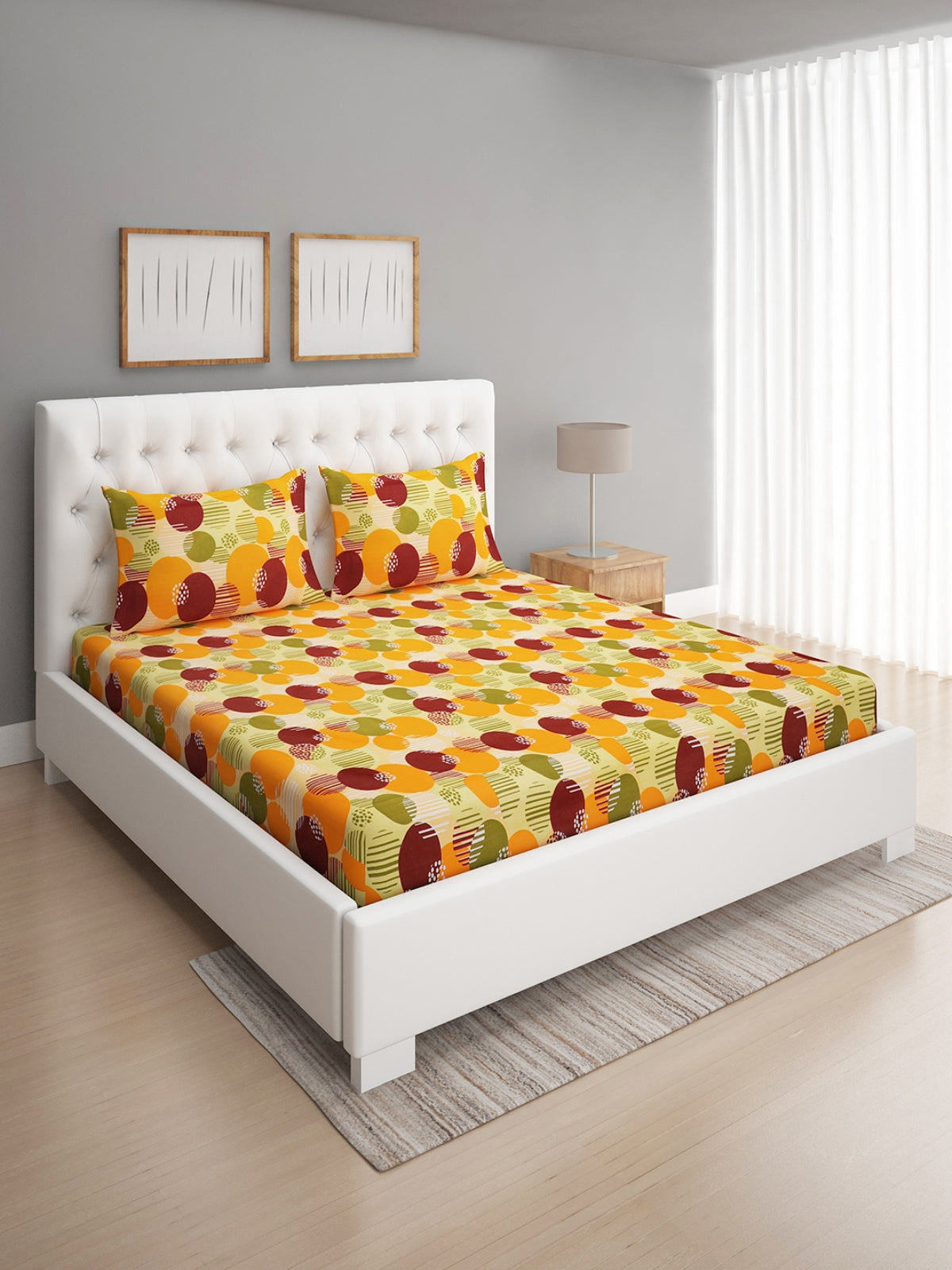 144 TC Green & Orange Double Bedsheet with 2 Pillow Covers