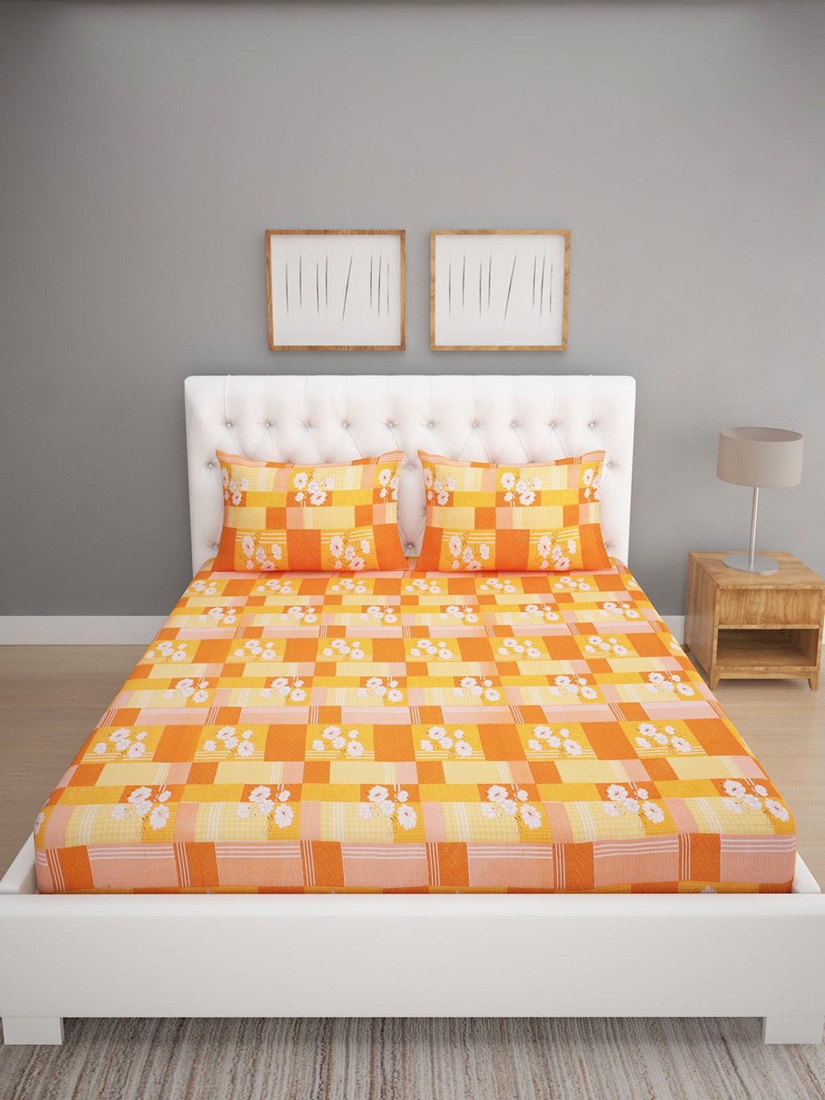 144 TC Mustard & Beige Double Bedsheet with 2 Pillow Covers