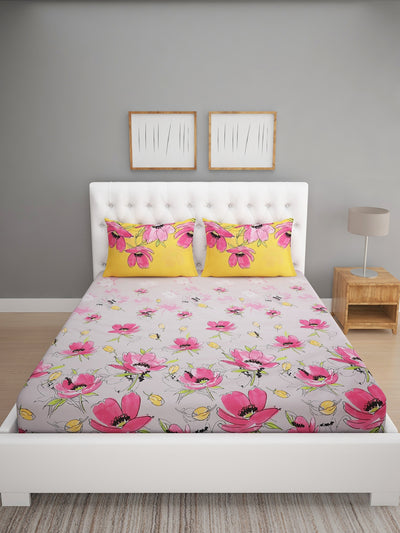 144 TC Grey & Pink Double Bedsheet with 2 Pillow Covers