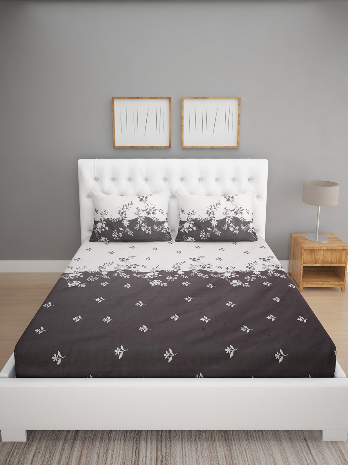 144 TC White & Black Double Bedsheet with 2 Pillow Covers