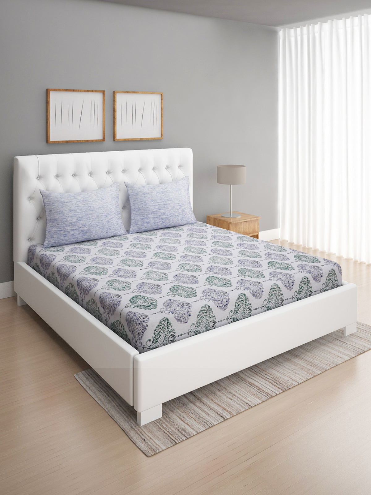 144 TC Blue & White Double Bedsheet with 2 Pillow Covers
