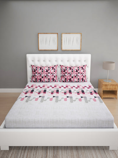144 TC Off White & Magenta Double Bedsheet with 2 Pillow Covers