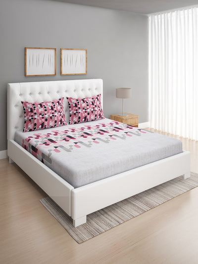 144 TC Off White & Magenta Double Bedsheet with 2 Pillow Covers