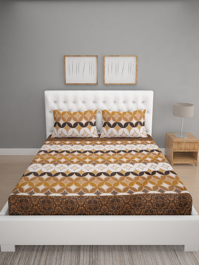 144 TC Brown & White-1 Double Bedsheet with 2 Pillow Covers