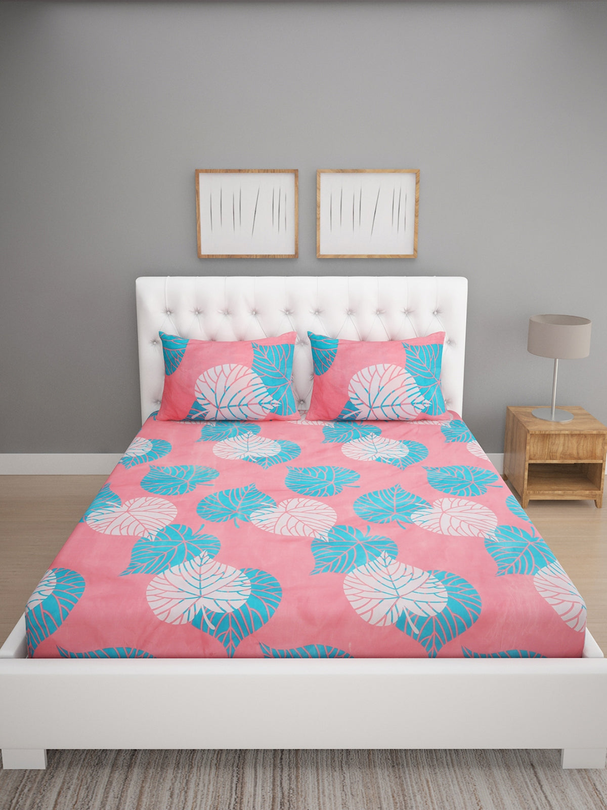 Pink & Blue Floral Patterned 144 TC Queen Bedsheet with 2 Pillow Covers