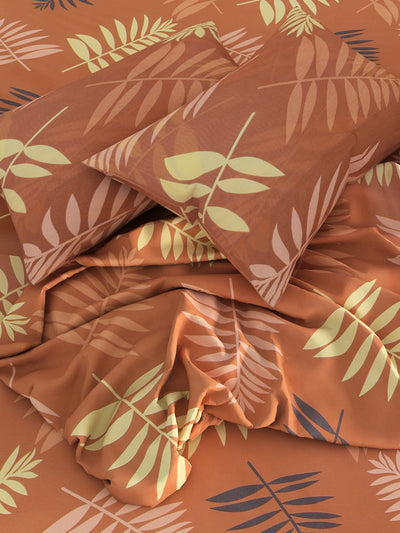 Brown & Orange Floral Patterned 144 TC Queen Bedsheet with 2 Pillow Covers