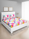 White & Multi Abstract Patterned 144 TC Queen Bedsheet with 2 Pillow Covers