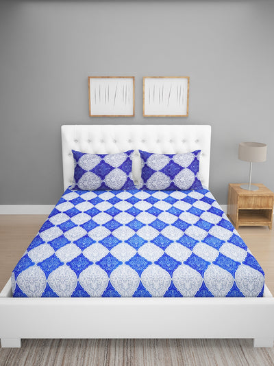 Blue & White Geometric Patterned 144 TC Queen Bedsheet with 2 Pillow Covers