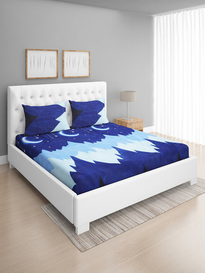 Blue & White Abstract Patterned 144 TC Queen Bedsheet with 2 Pillow Covers