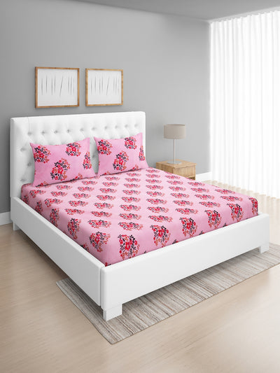 Pink Floral Patterned 144 TC Queen Bedsheet with 2 Pillow Covers