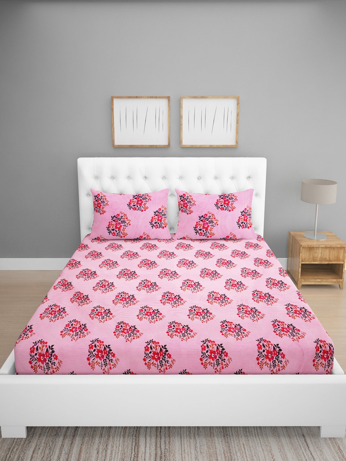 Pink Floral Patterned 144 TC Queen Bedsheet with 2 Pillow Covers
