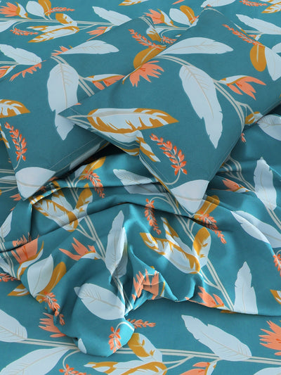 Green & Orange Floral Patterned 144 TC Queen Bedsheet with 2 Pillow Covers