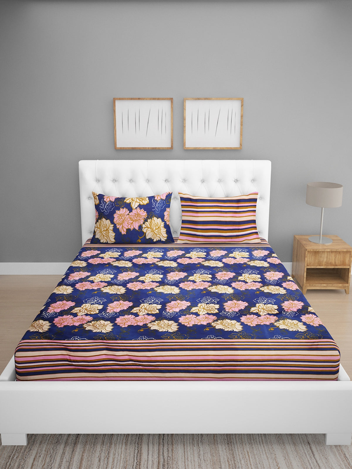 Blue & Pink Floral Patterned 144 TC Queen Bedsheet with 2 Pillow Covers